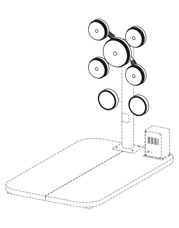 Perspective drawing for the partial-design application. Solid lines show claimed pads and speaker portions; dashed lines show the platform and column for context