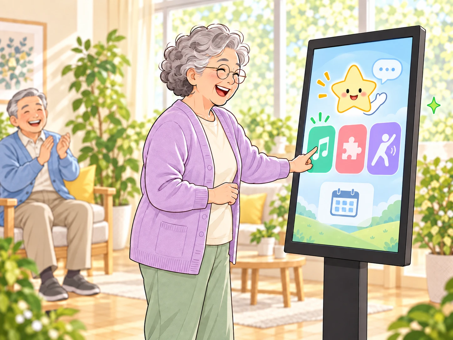 Original comic of a senior choosing activities with a friendly AI guide on a kiosk