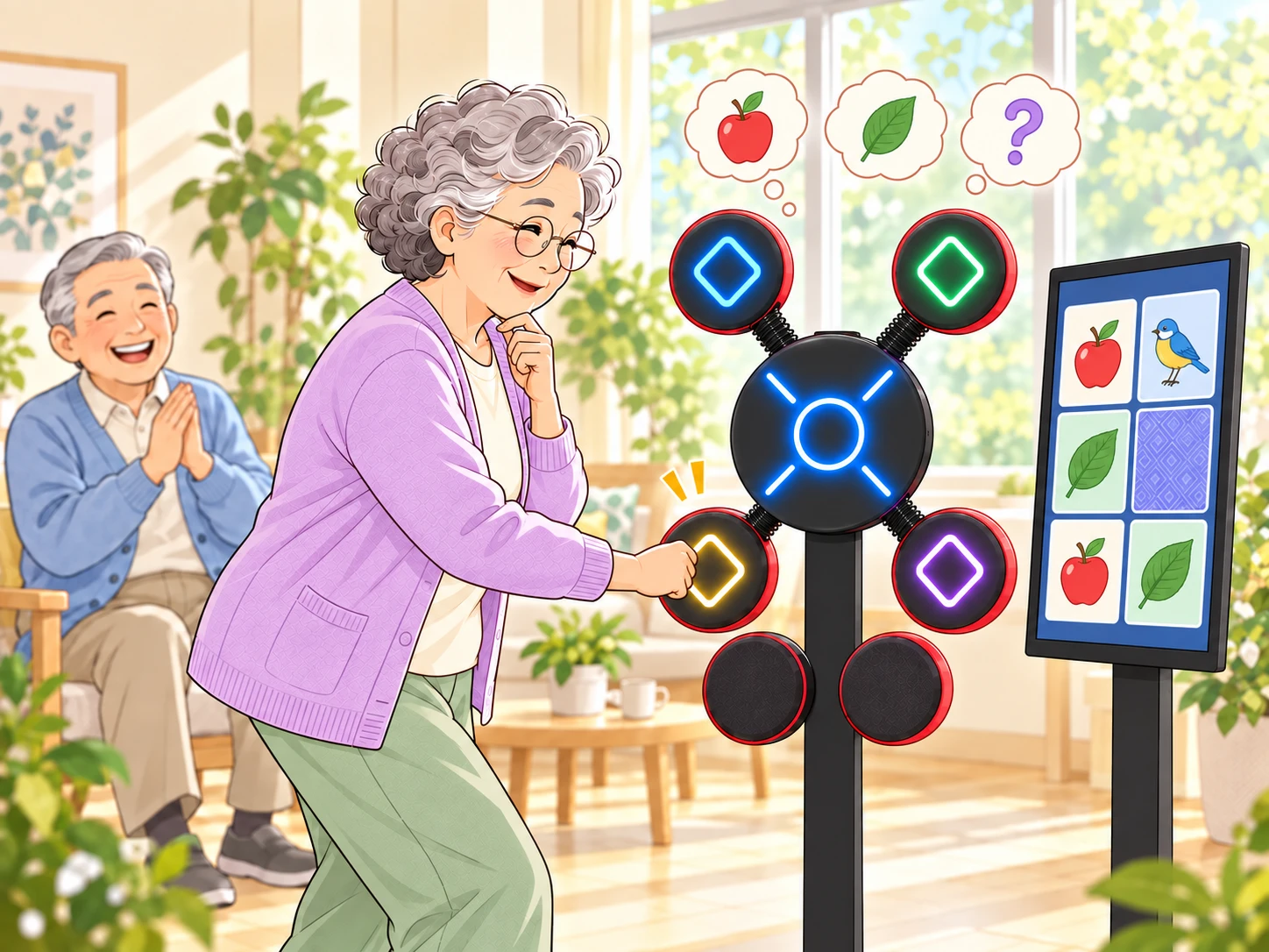 Illustrated concept of a picture-matching brain game and a participant choosing a pad