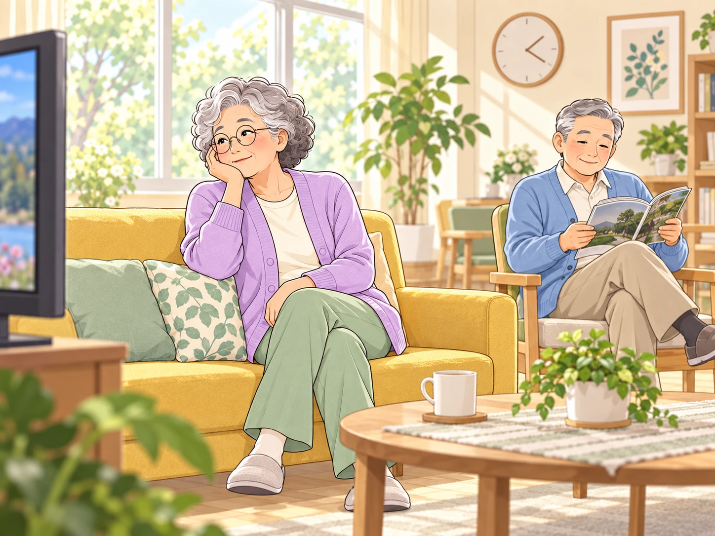 Original comic of an older woman considering a new activity in a quiet community lounge