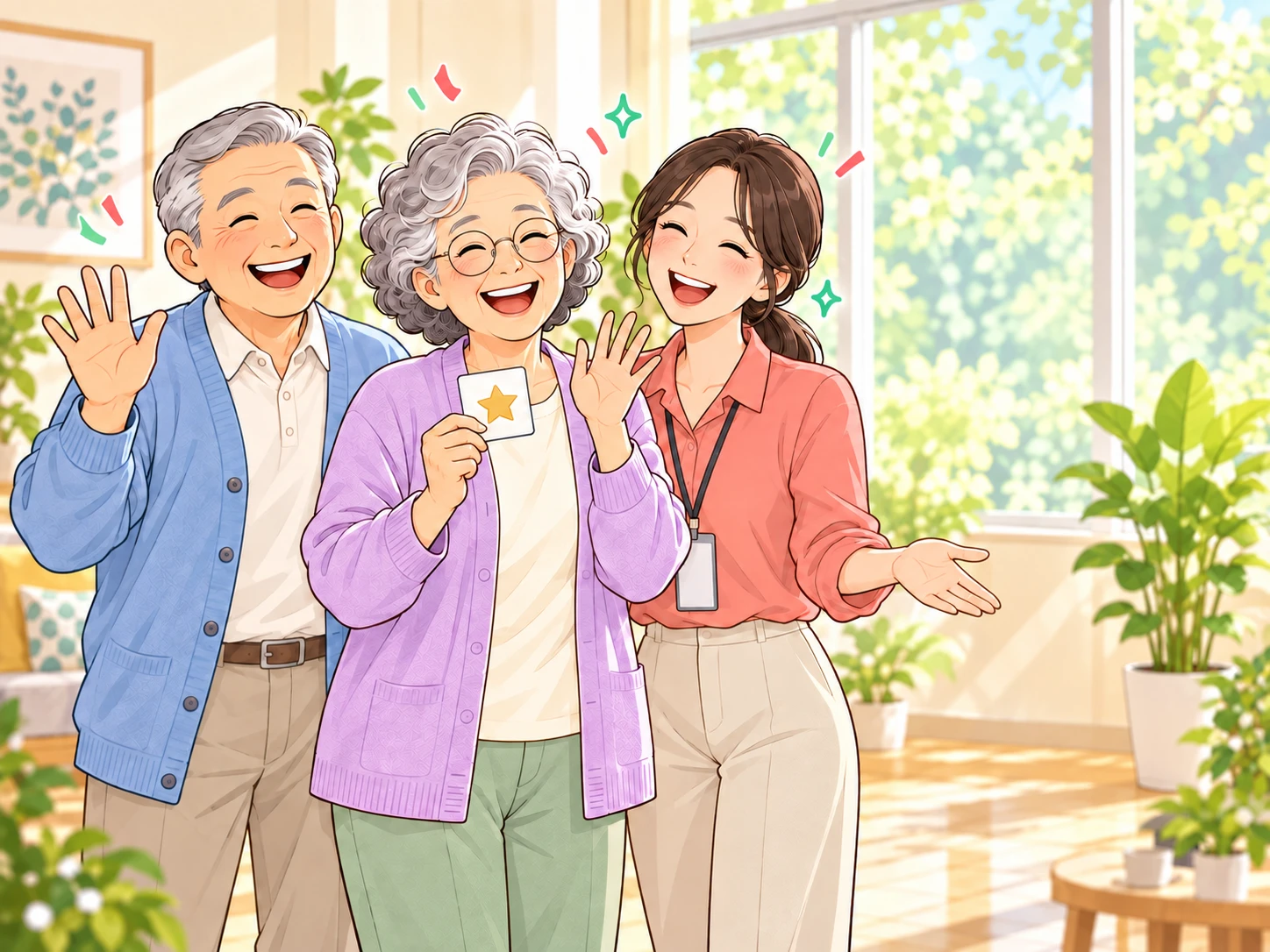Original comic of two happy older adults and a facilitator waving after their activity